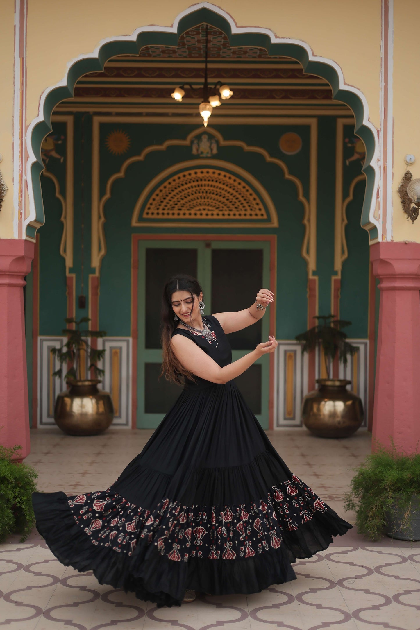 Black Designer Heavy Reyon Gown with Printed Frill & Fancy V-Neck