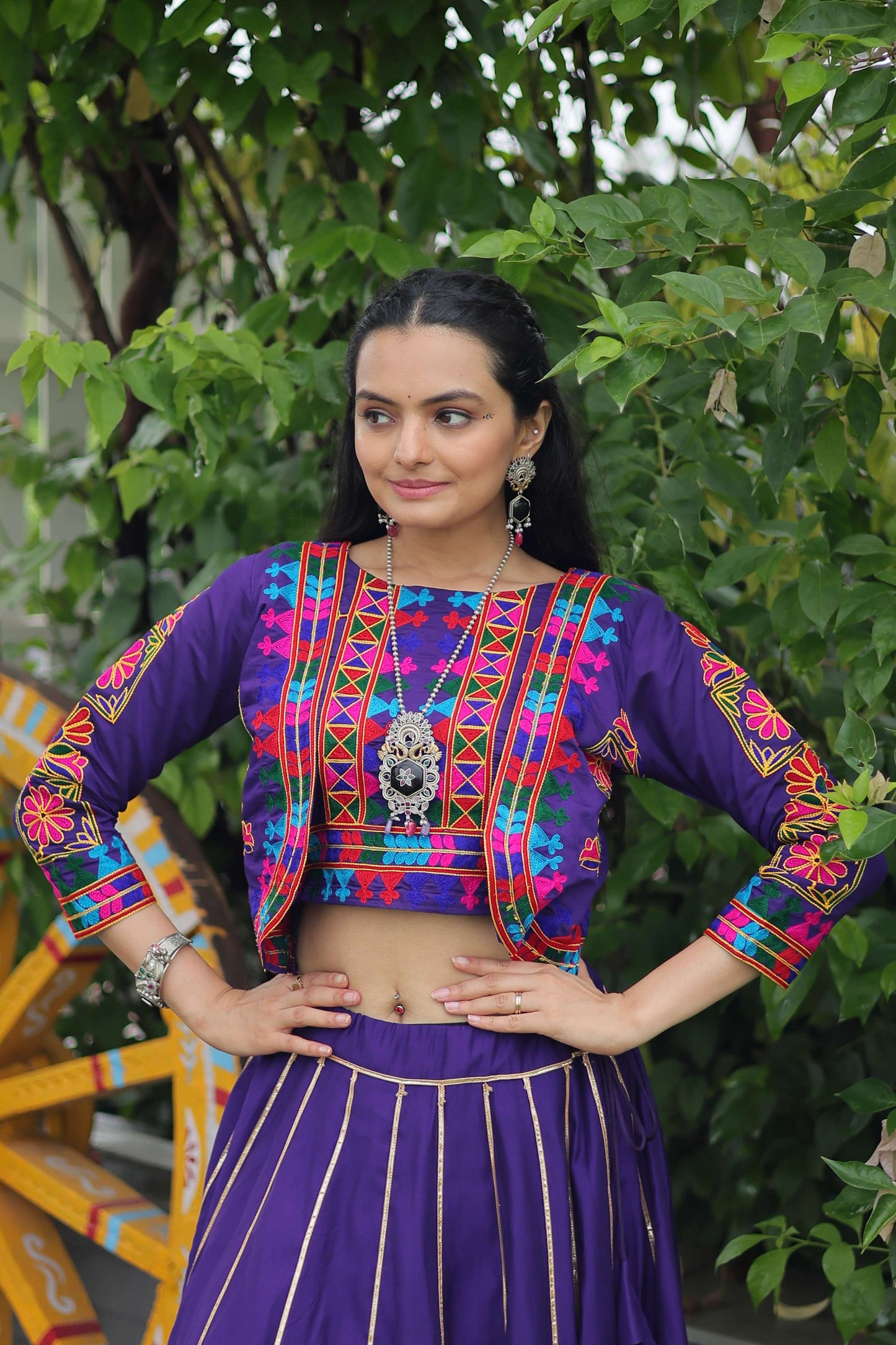 Vibrant Roman Fabric Navratri Lehenga Choli Set with Koti Blouse