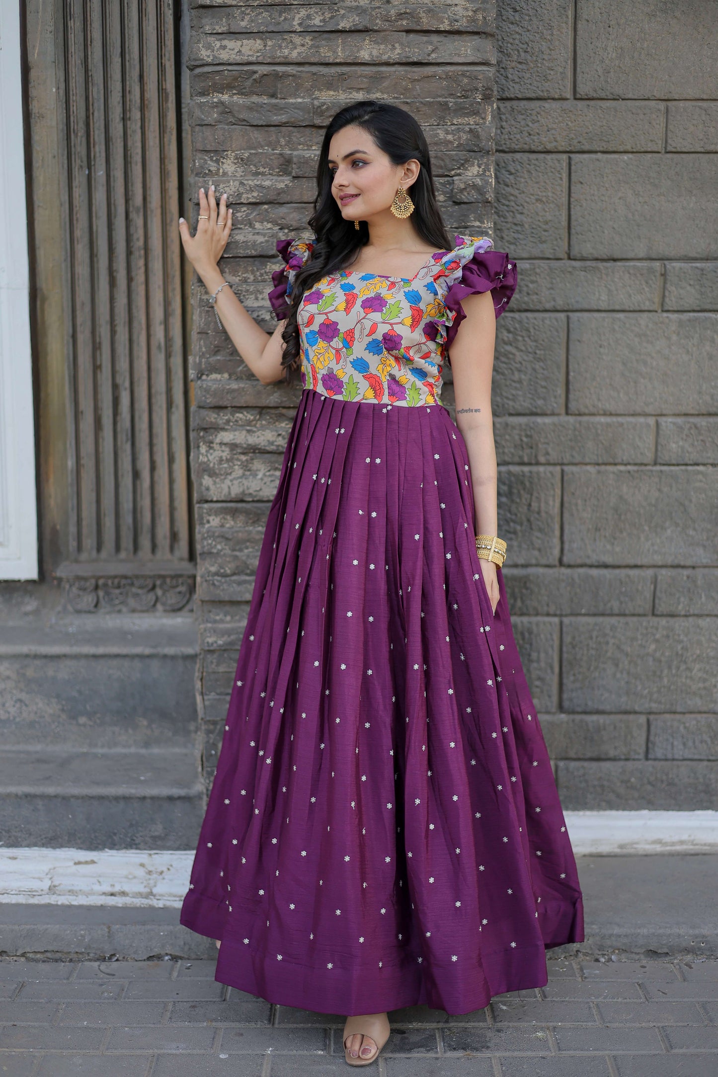 Wine Maslin & Chinon Designer Gown with Embroidery  Elegant Ready-to-Wear Womens Dress