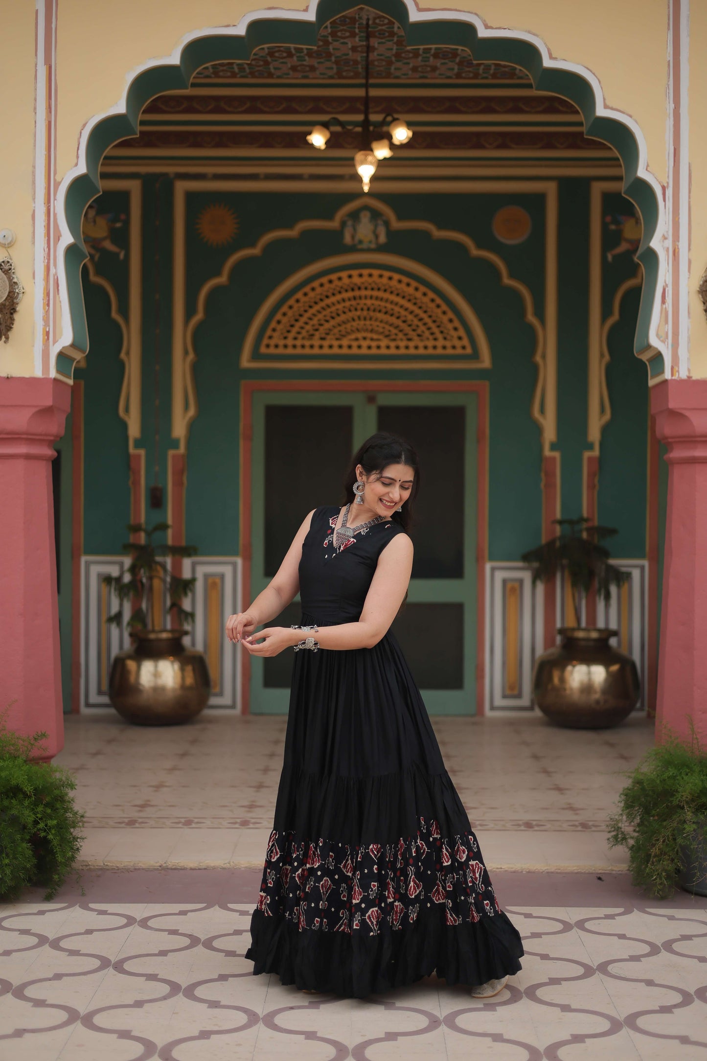 Black Designer Heavy Reyon Gown with Printed Frill & Fancy V-Neck