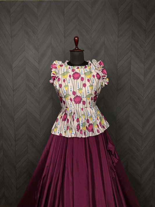 Premium Chinnon Lehenga with Kalamkari Print Maslin Satin Peplum Blouse