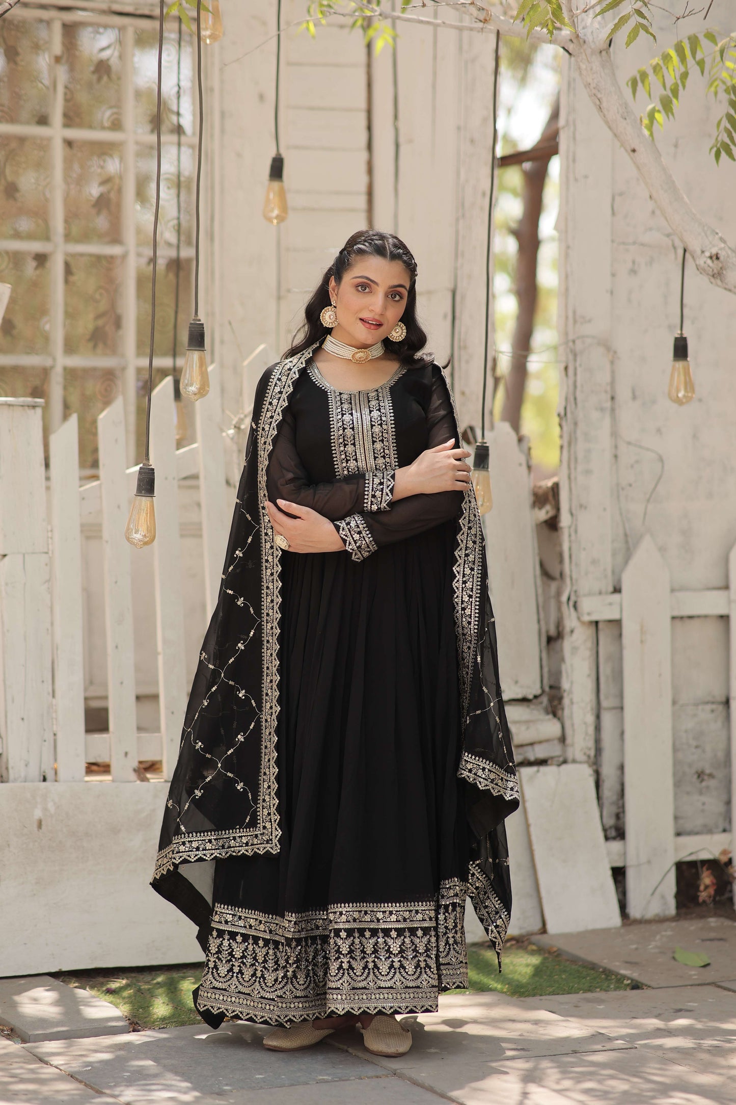 Black Faux Blooming Sequins Embroidered Gown with Matching Dupatta  Festive & Party Wear 2024