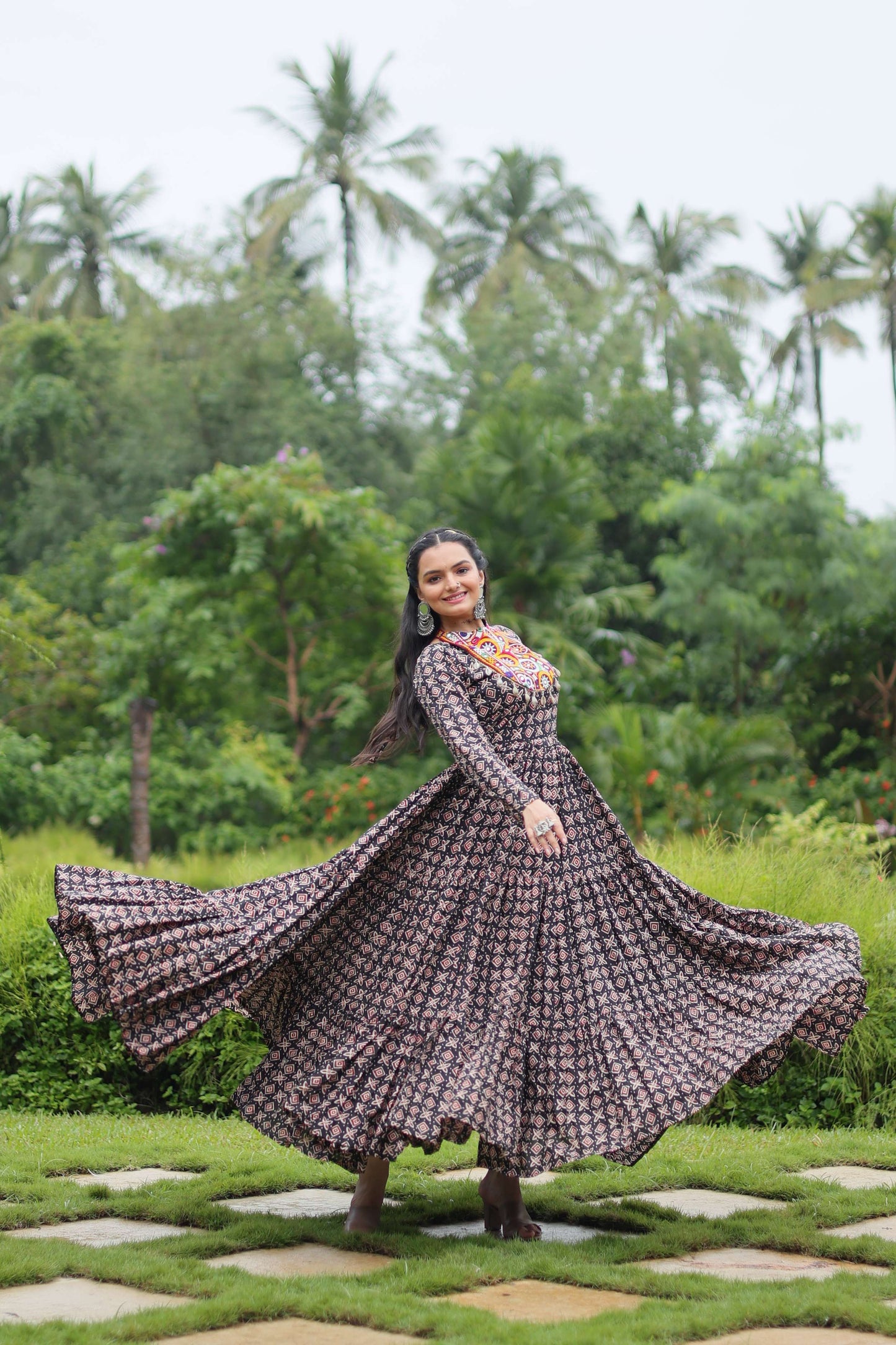 Black Designer Printed Cotton Gown with Kutchi Gamthi Lace & Kodi Work  Maroon