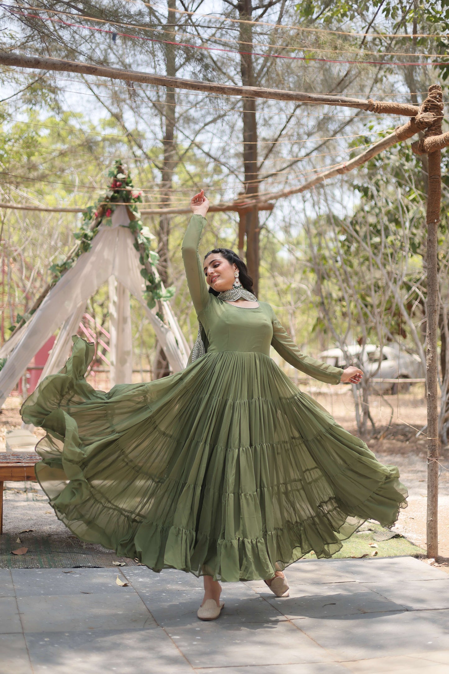 Mehandi Premium Faux Georgette Designer Gown with Sequined Dupatta  Fully Flaired Ready-to-Wear Set