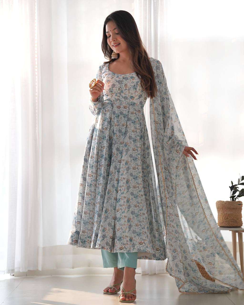Womens Crunchy Silk Anarkali Kurti with Pant & Dupatta Set