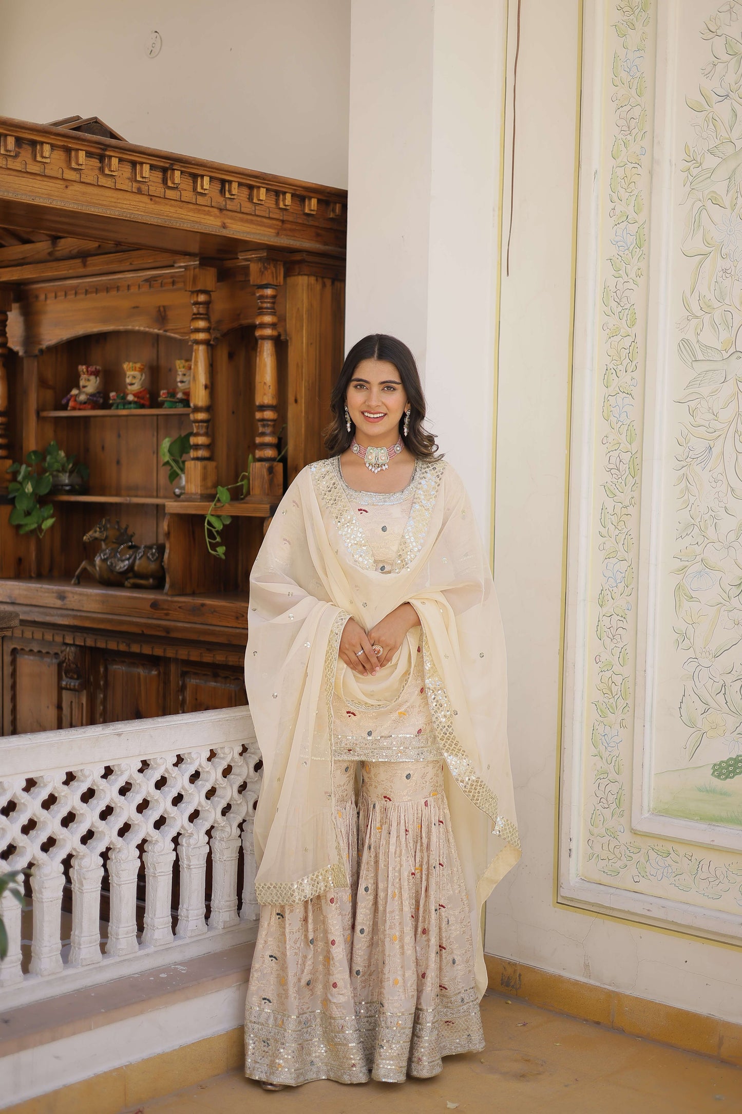 White Faux Blooming Sequins Embroidered Sharara Set with Matching Dupatta  Festive & Party Wear 2024