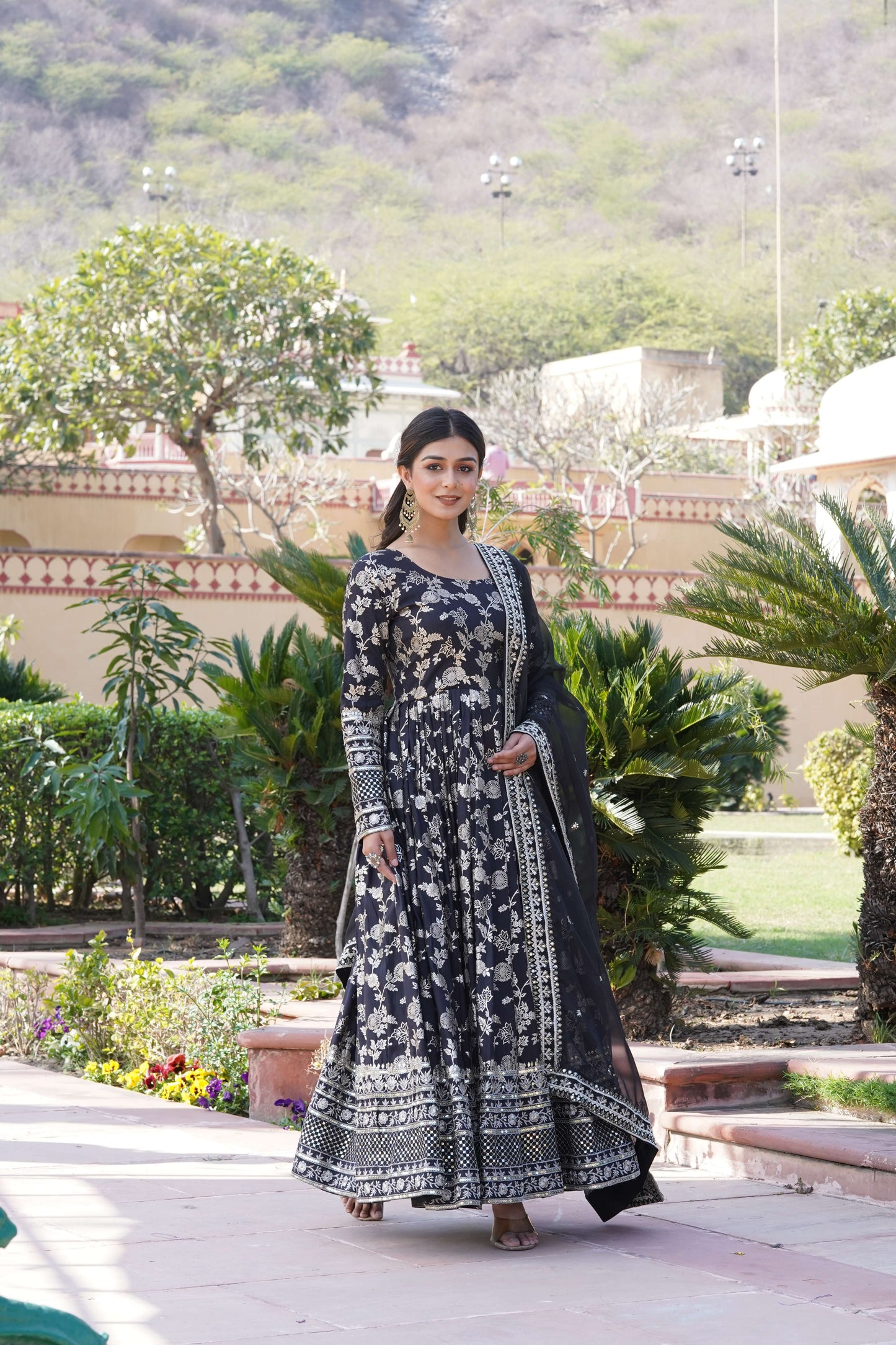Black Viscose Dyable Jacquard Gown with Russian Silk Sequined Dupatta  Elegant Party & Wedding Set