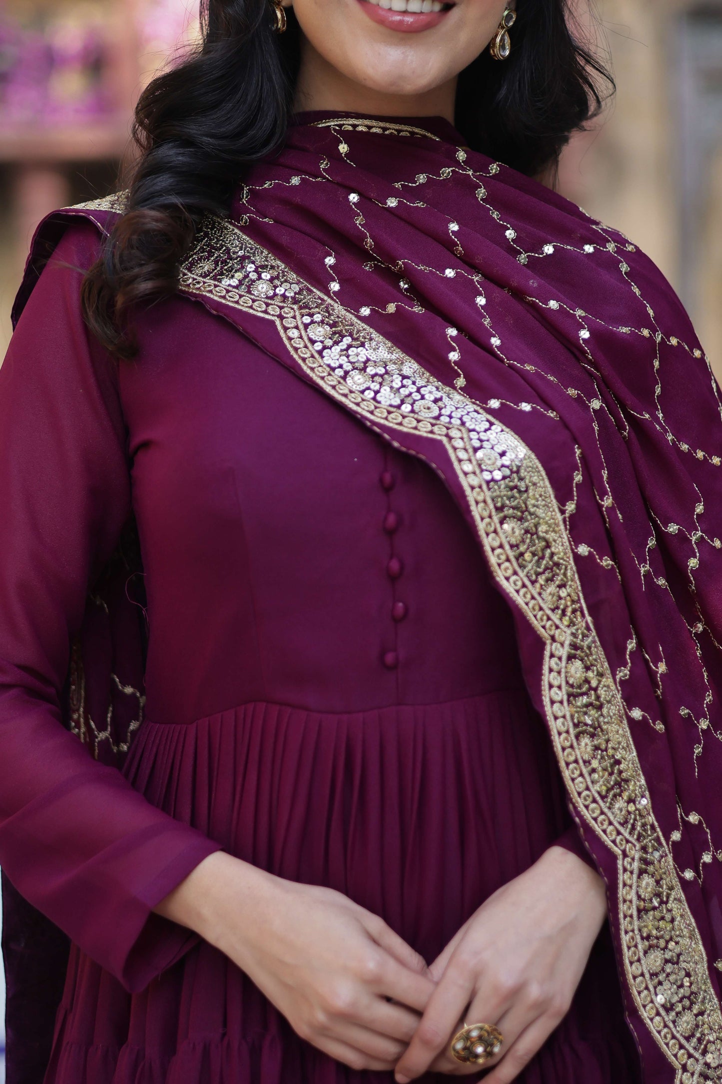 Wine Star Georgette Fully Flared Gown with Sequins Embroidered Dupatta