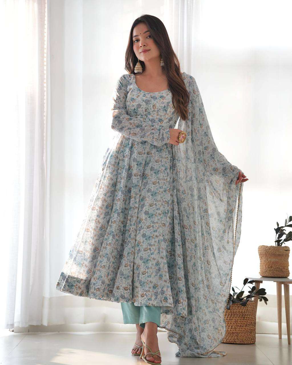 Womens Crunchy Silk Anarkali Kurti with Pant & Dupatta Set