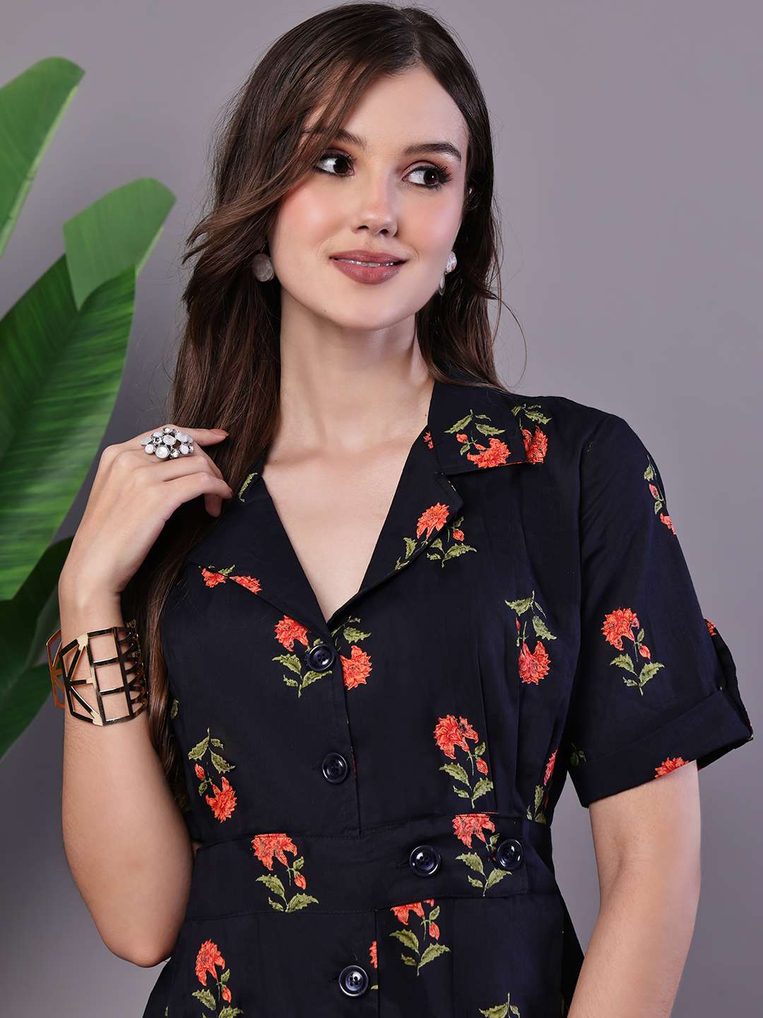 Women's Elegant Indigo & Orange Floral Block Print Cotton Shirt Dress