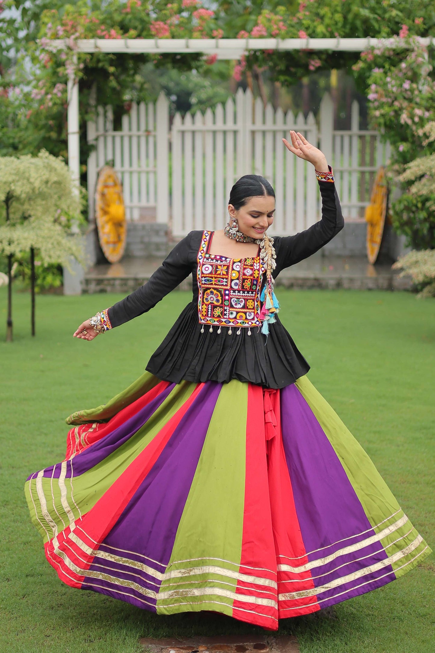 Multicolor Navratri Lehenga Choli Set with Black Peplum Top