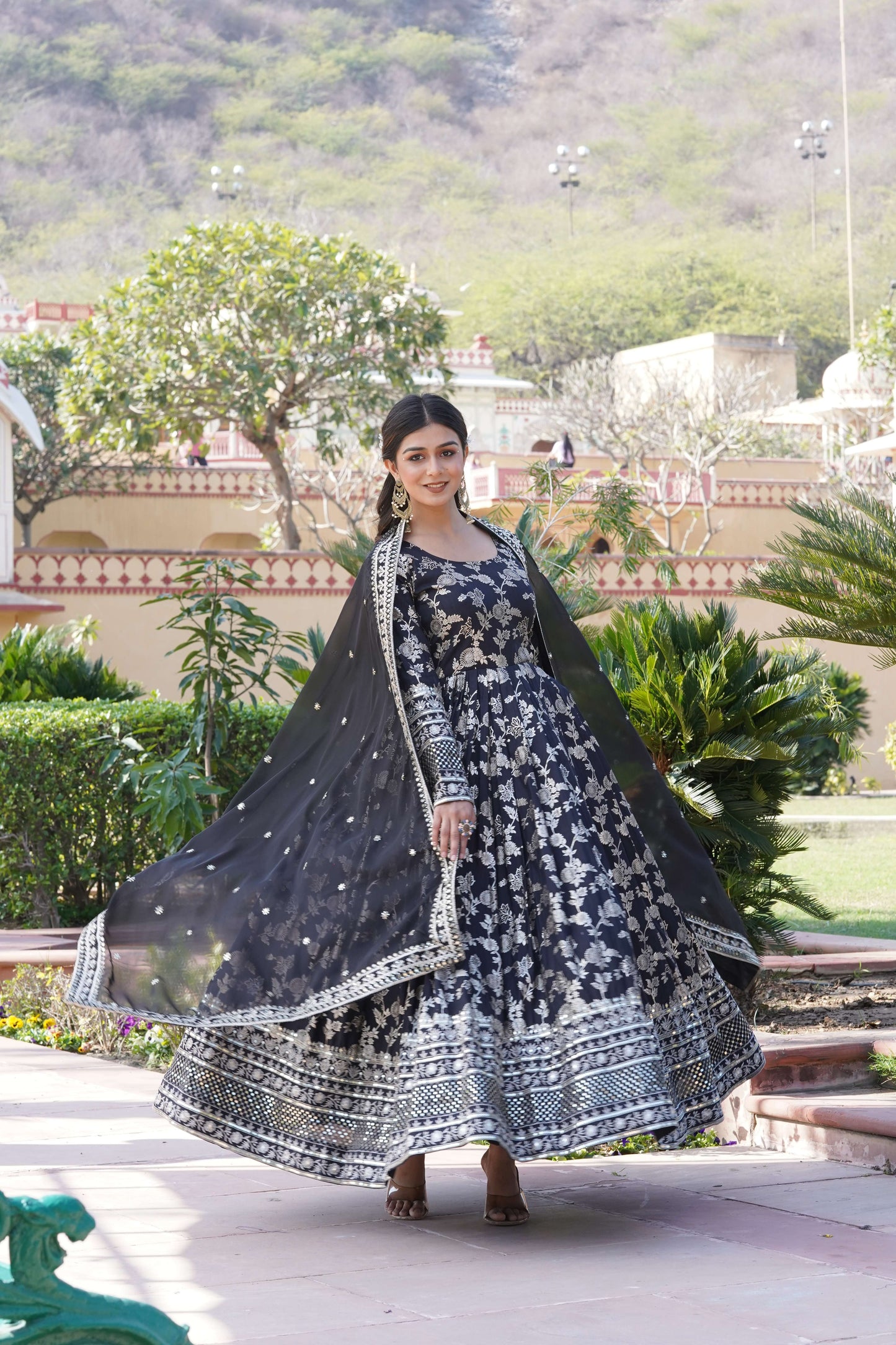 Black Viscose Dyable Jacquard Gown with Russian Silk Sequined Dupatta  Elegant Party & Wedding Set