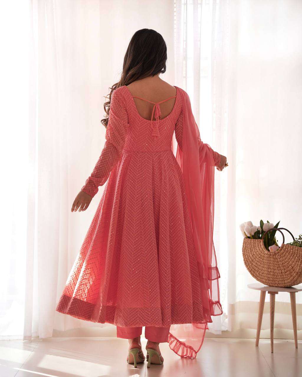 Womens Pure Romansilk Chanderi Embroidered Anarkali Kurti With Dupatta & Pant Set