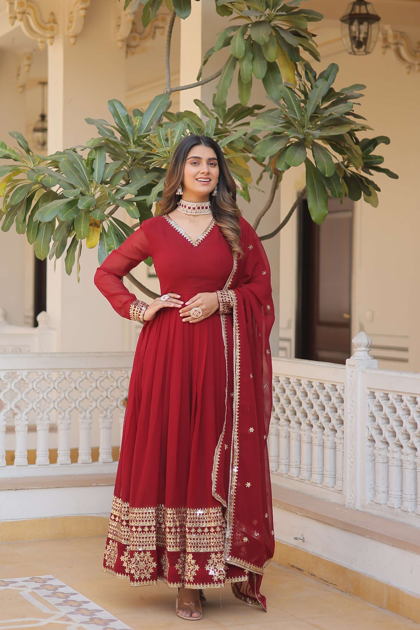 Maroon Faux Blooming Gown with Sequined Dupatta  Elegant Fully Flared Party & Wedding Set