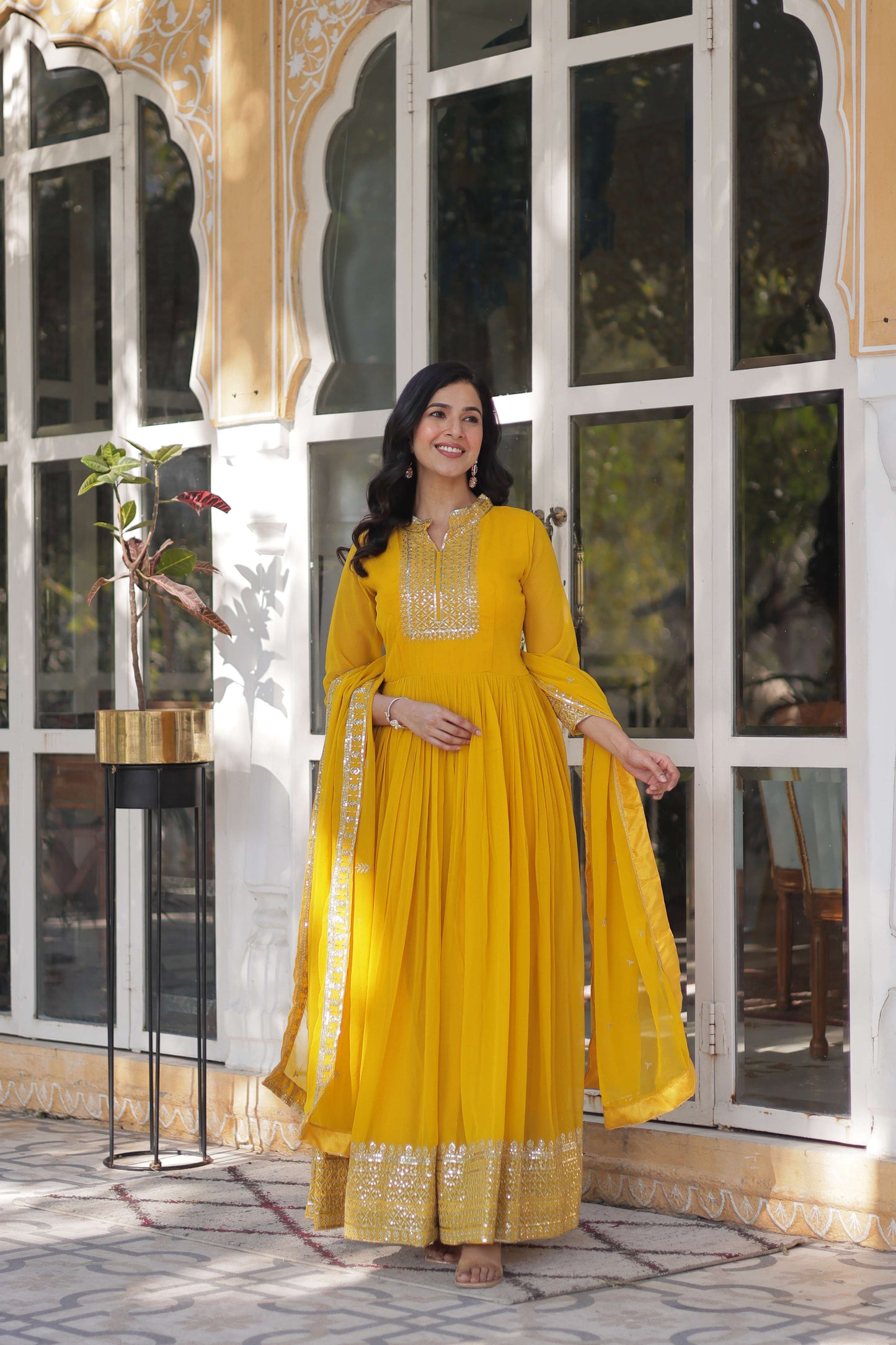 Yellow Faux Blooming Georgette Sequins Embroidered Gown with Matching Dupatta