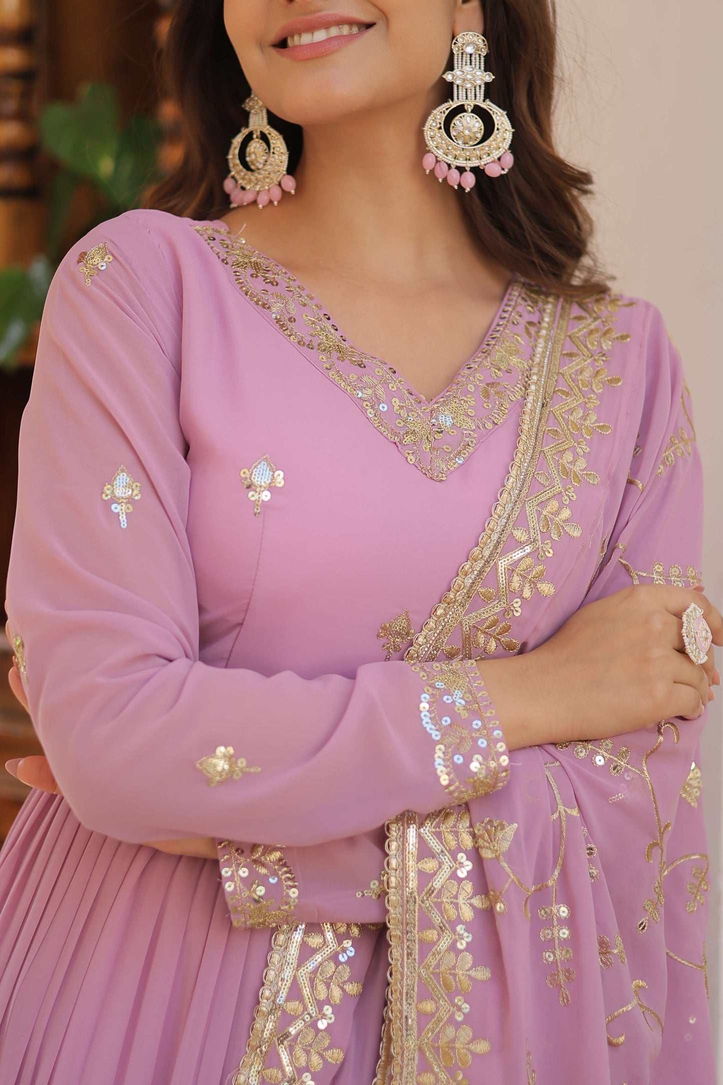 Purple Faux Georgette Designer Gown with Sequined Dupatta  Fully Flared Elegant Ready-to-Wear Set
