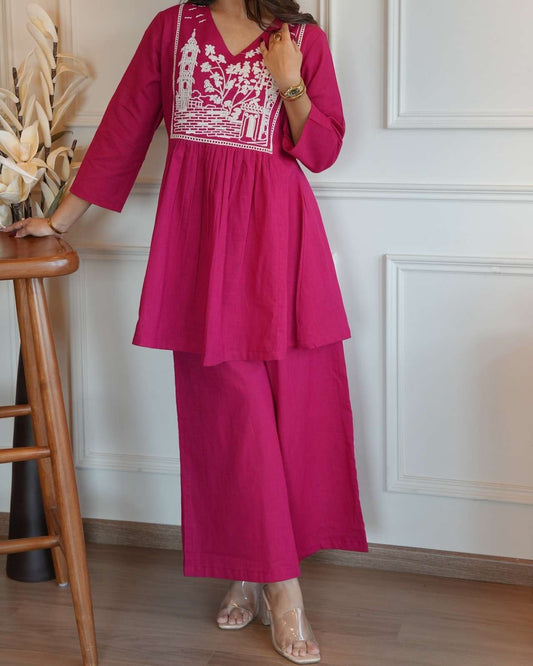 Women's Cotton Embroidered Short Anarkali Kurti with pant