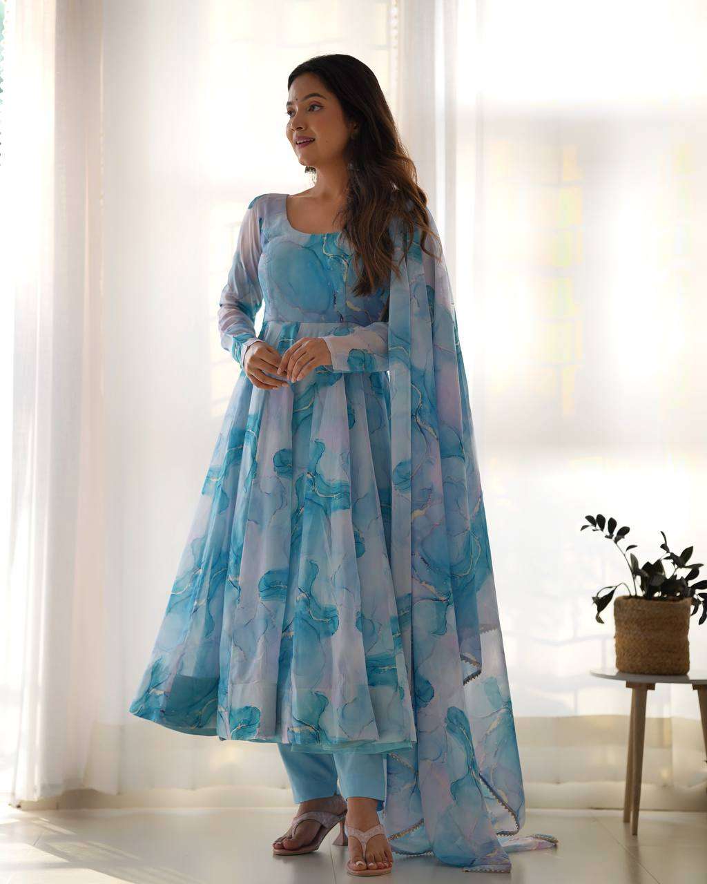 Womens Crunchy Silk Anarkali Kurti with Pant & Dupatta Set