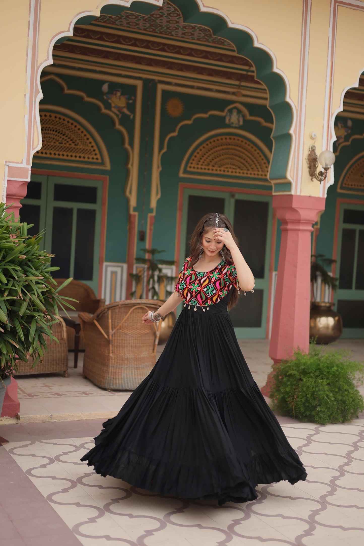 Black Elegant Kutchi Gamthi Work Reyon Gown with Heavy Flair