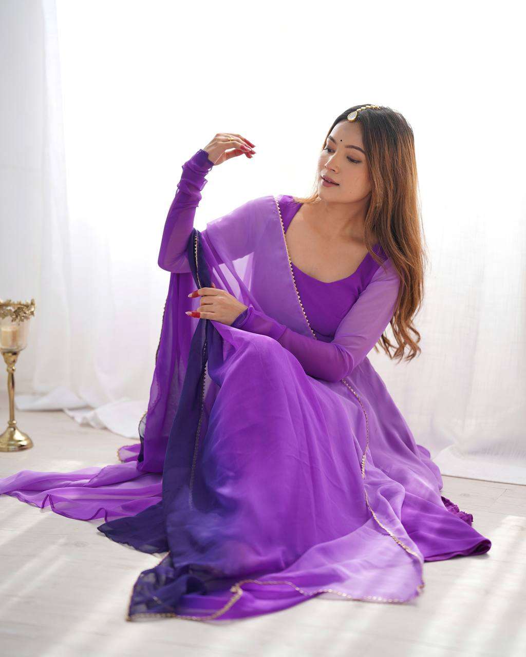 Women's Pure Romansilk Chanderi Tie-Dye Anarkali Kurti Pant With Dupatta Set