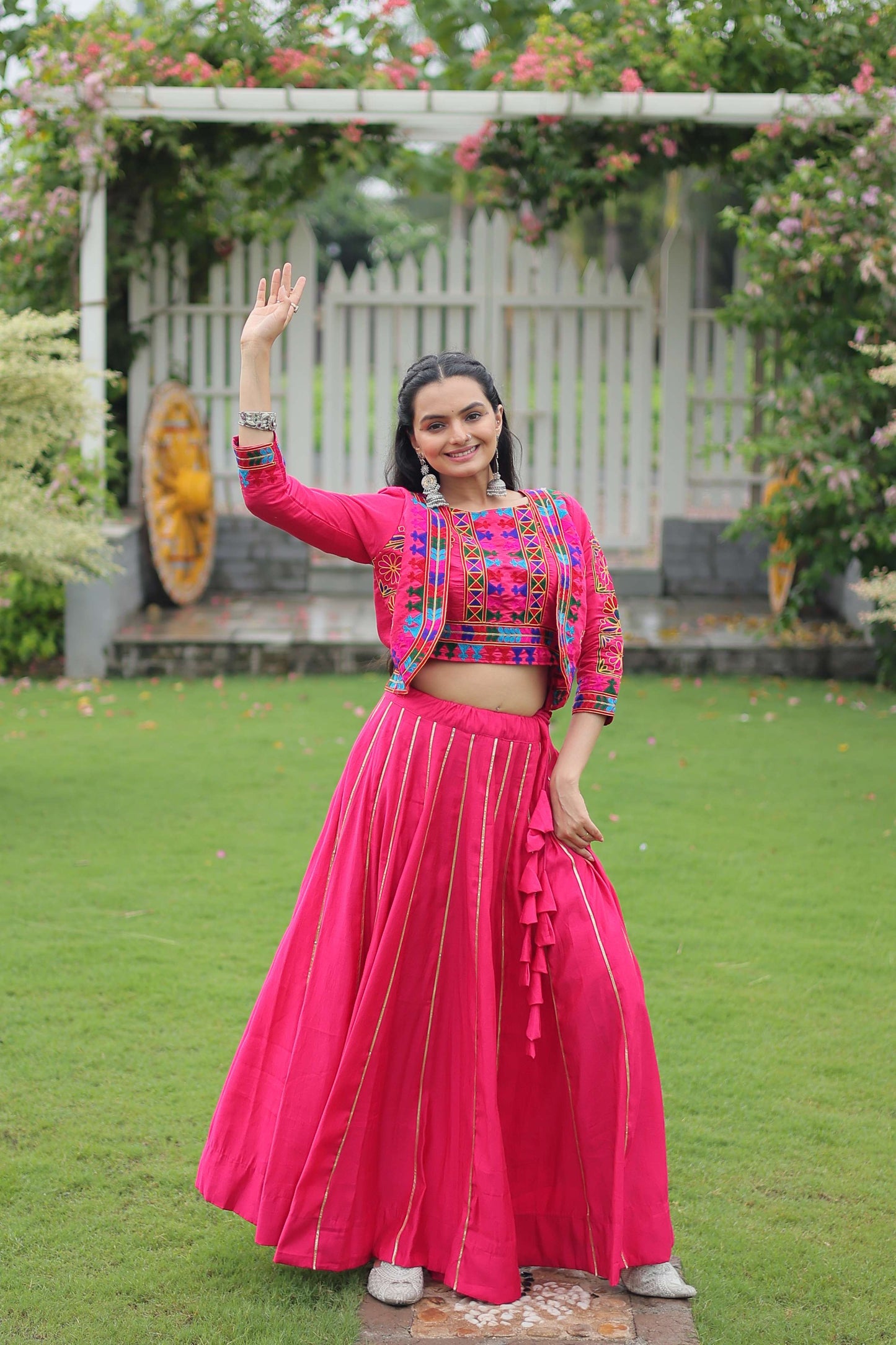 Vibrant Roman Fabric Navratri Lehenga Choli Set with Koti Blouse