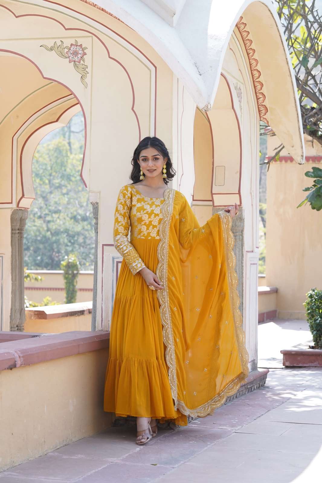 Yellow Faux Blooming Designer Gown with Sequined Dupatta  Elegant Fully Flared Ready-to-Wear Set