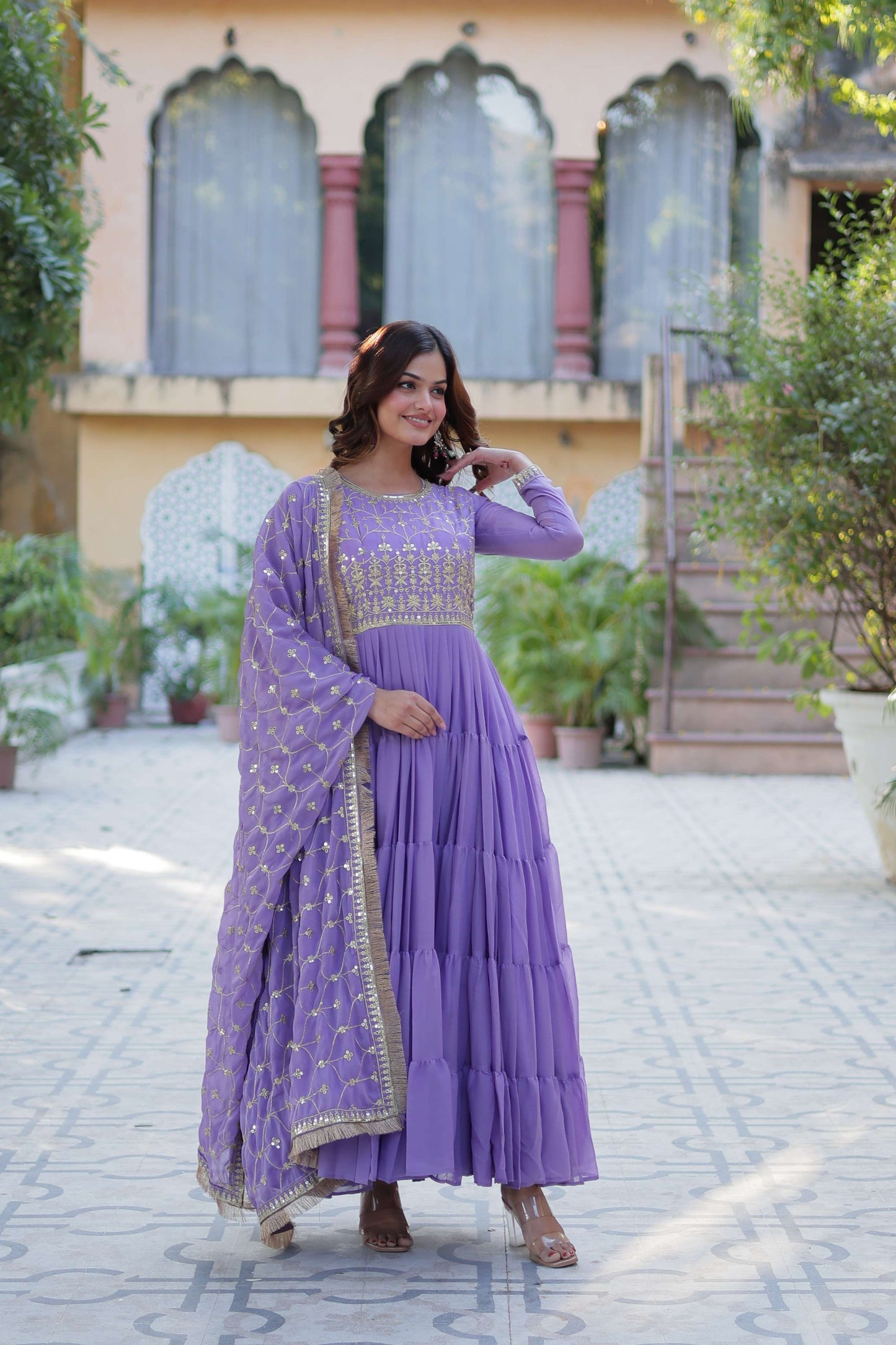 Purple Star Georgette Fully Flared Gown with Sequins Embroidered Dupatta & Lace Border