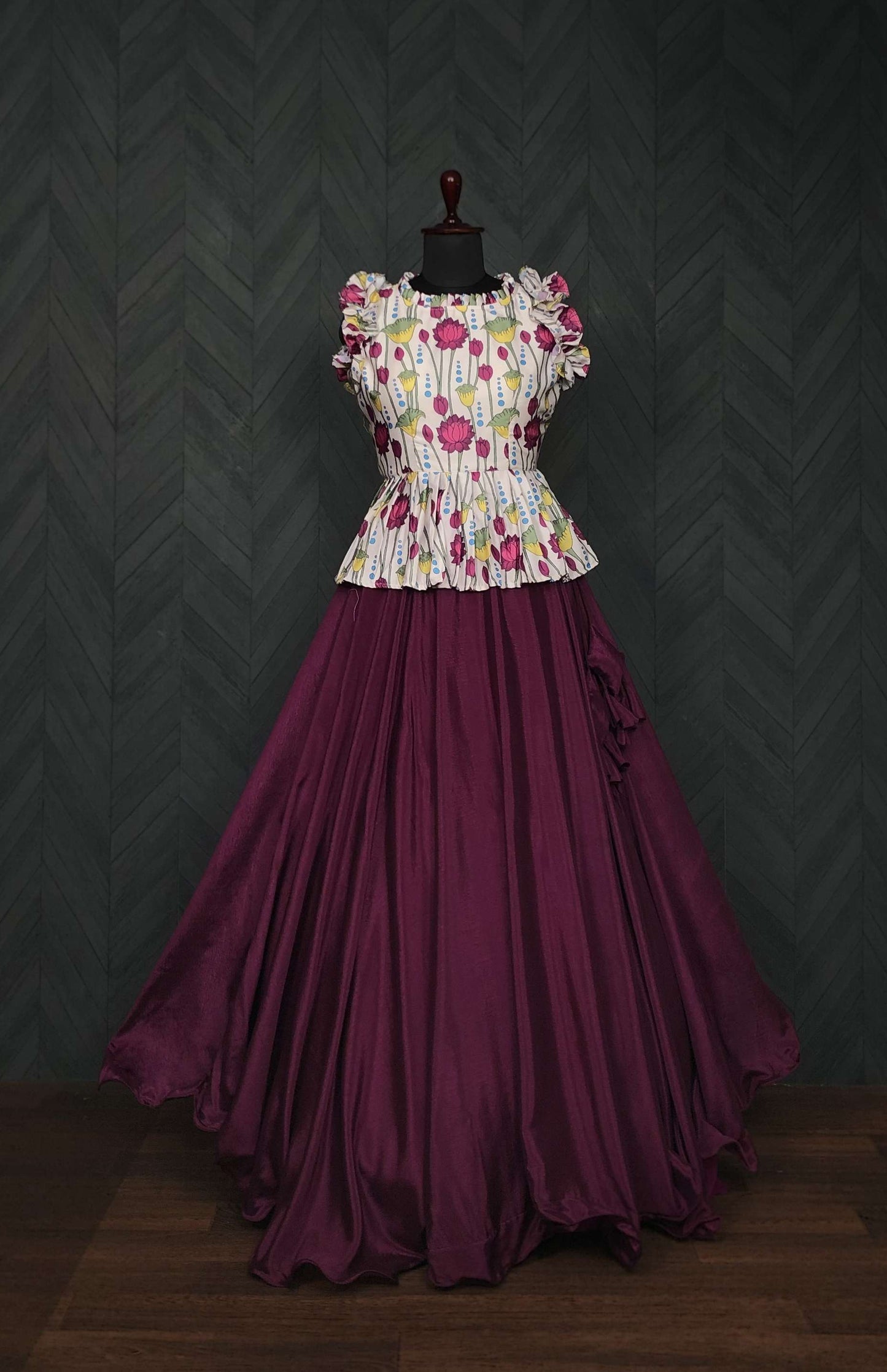 Premium Chinnon Lehenga with Kalamkari Print Maslin Satin Peplum Blouse