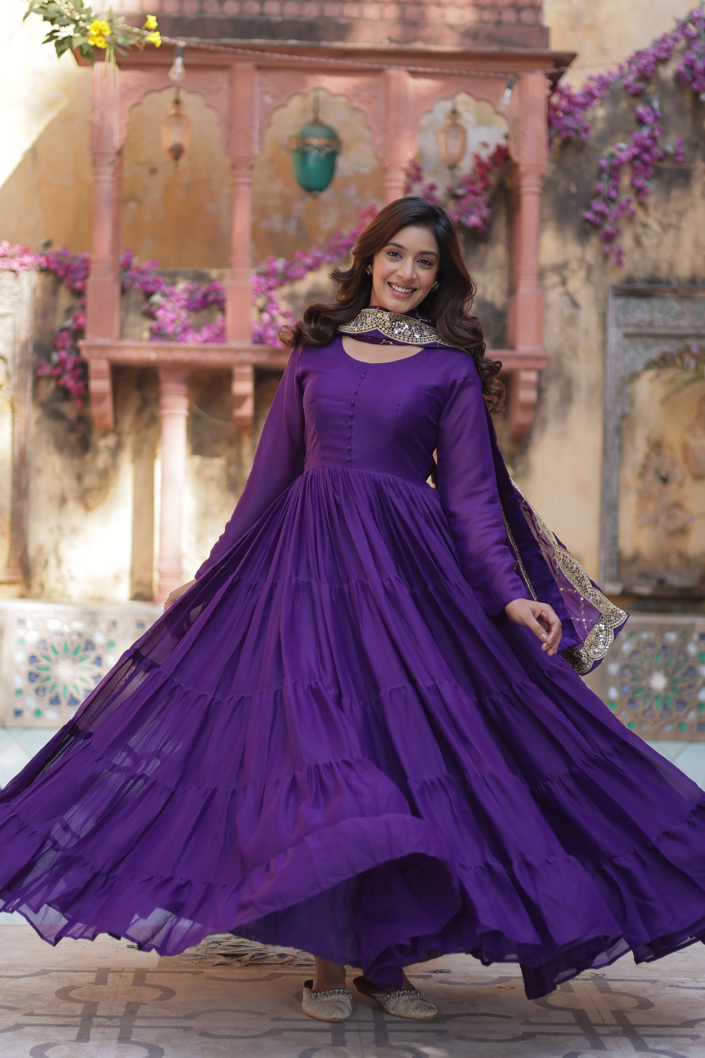 Jambli Star Georgette Fully Flared Gown with Sequins Embroidered Dupatta