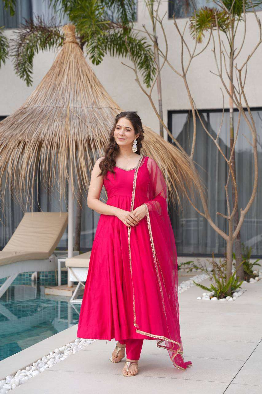 Womens Pure Romansilk Chanderi Anarkali Kurti with Pant & Dupatta Set