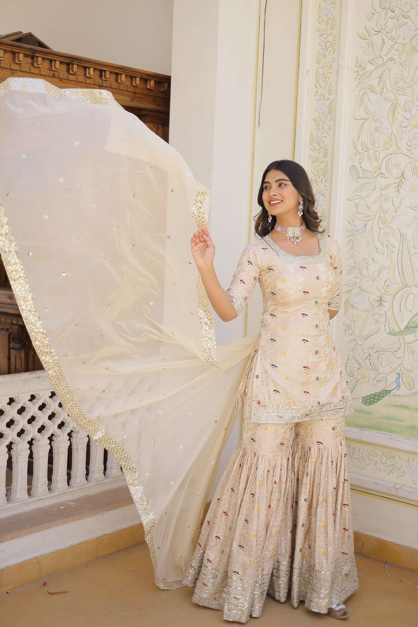 White Faux Blooming Sequins Embroidered Sharara Set with Matching Dupatta  Festive & Party Wear 2024