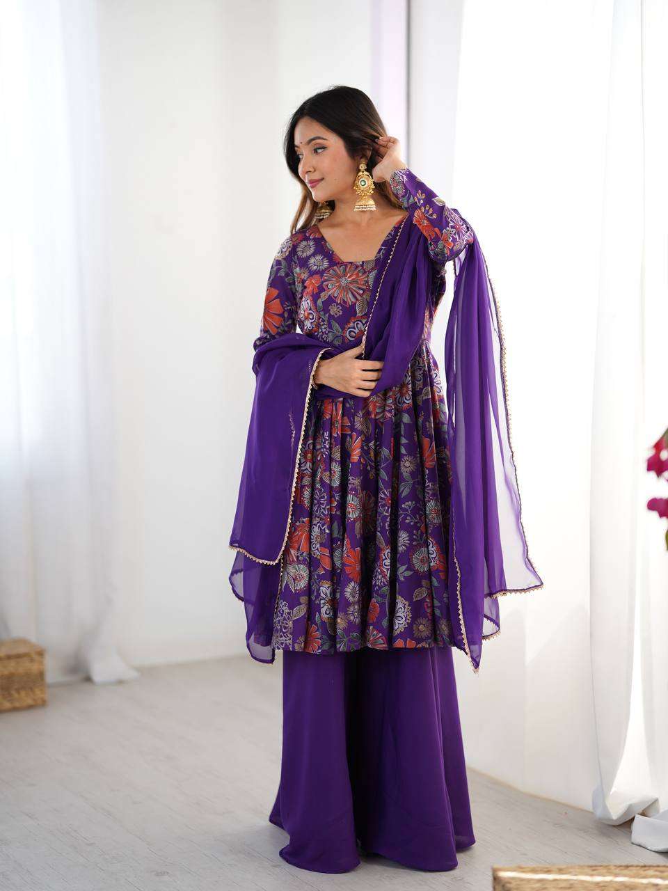 Women's Pure Romansilk Chanderi Printed Anarkali Kurti With Palazzo & Dupatta Set