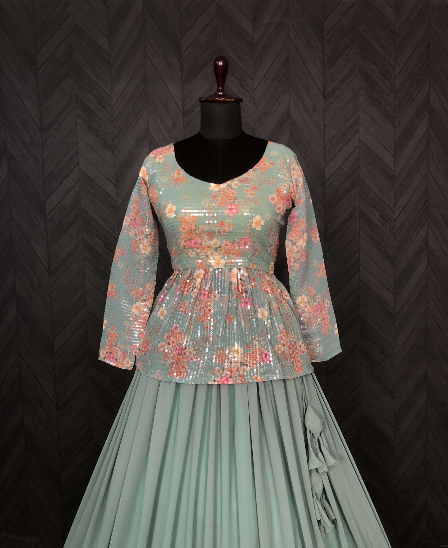 Premium Faux Georgette Lehenga with Floral Print & Sequins Embroidered Blouse
