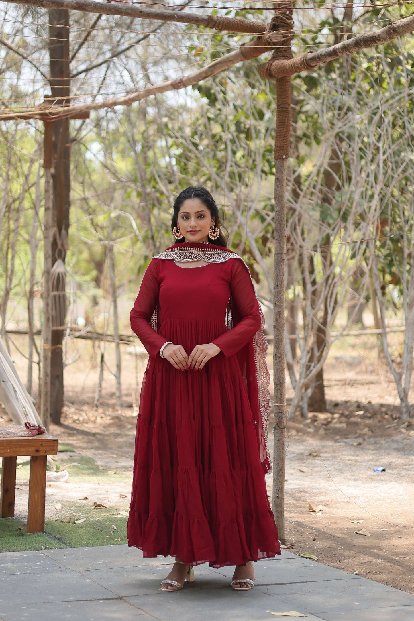 Maroon Premium Faux Georgette Designer Gown with Sequined Dupatta  Fully Flaired Ready-to-Wear Set