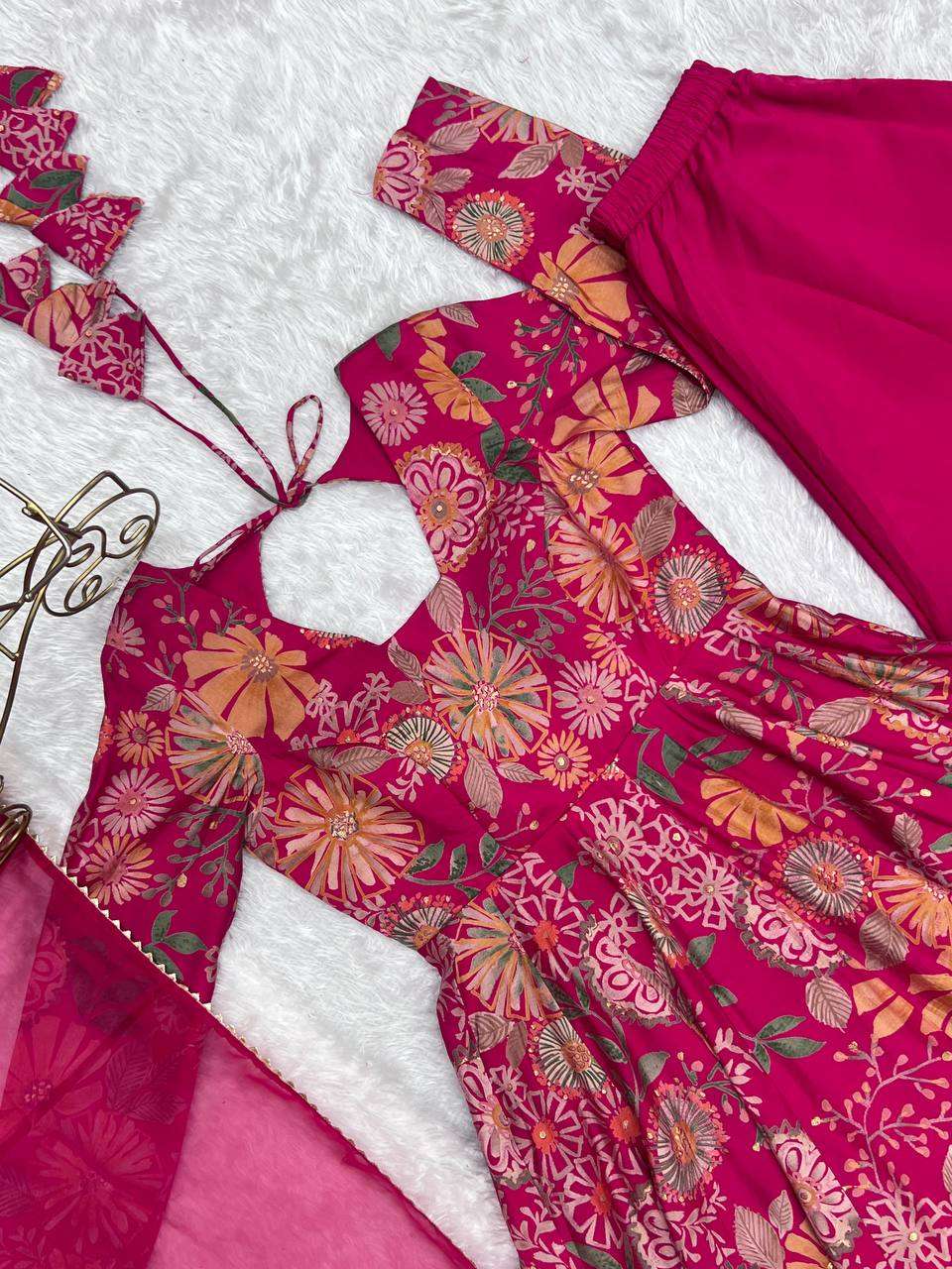 Women's Pure Romansilk Chanderi Printed Anarkali Kurti With Palazzo & Dupatta Set