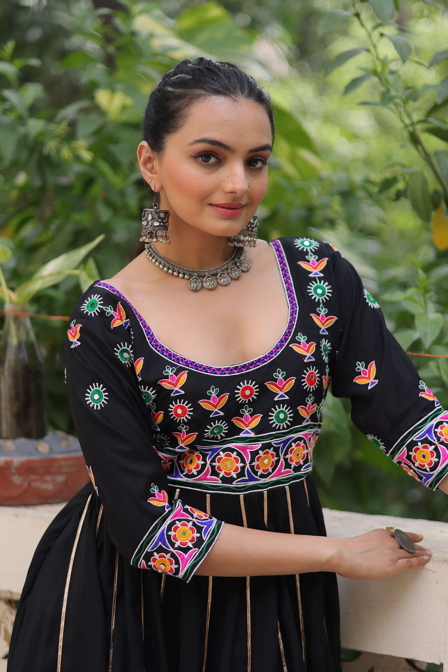 Black Navratri Gown with Multicolour Thread Embroidery & Gota Lace – Elegant Festive Wear for Women