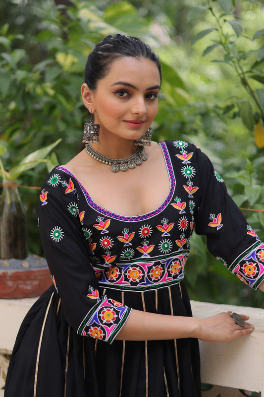 Black Navratri Gown with Multicolour Thread Embroidery & Gota Lace – Elegant Festive Wear for Women