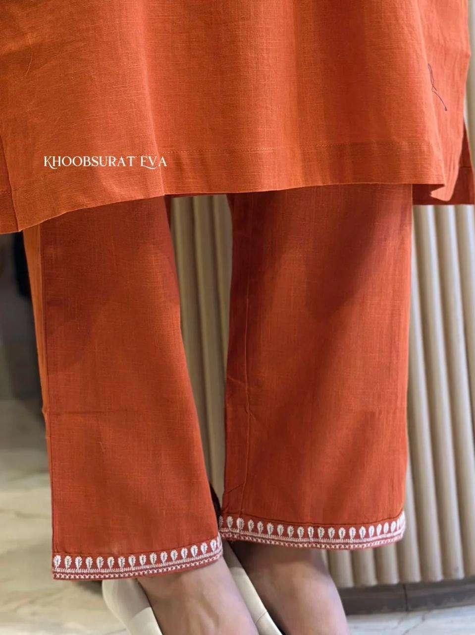 Women's Cotton Embroidery Straight Kurti With Pant Set