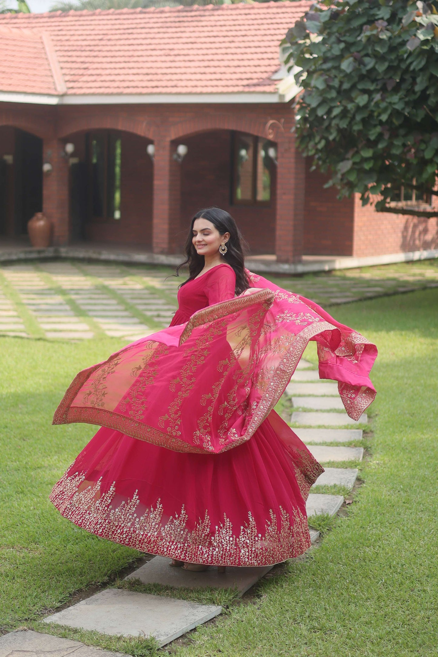 Pink Faux Blooming Designer Gown with Sequined Dupatta  Elegant Fully Flared Party & Wedding Set