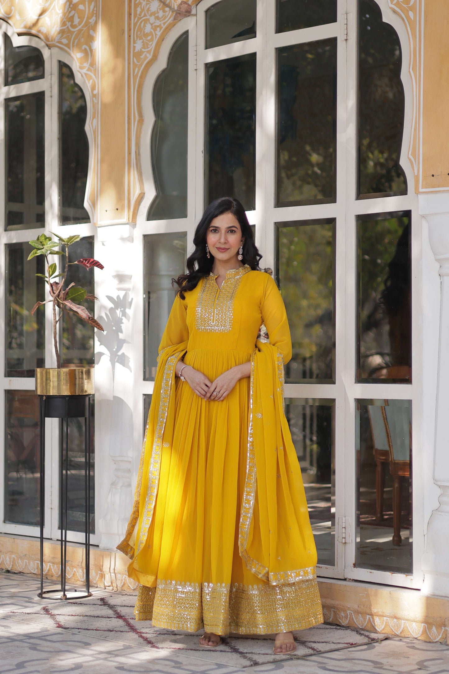 Yellow Faux Blooming Georgette Sequins Embroidered Gown with Matching Dupatta
