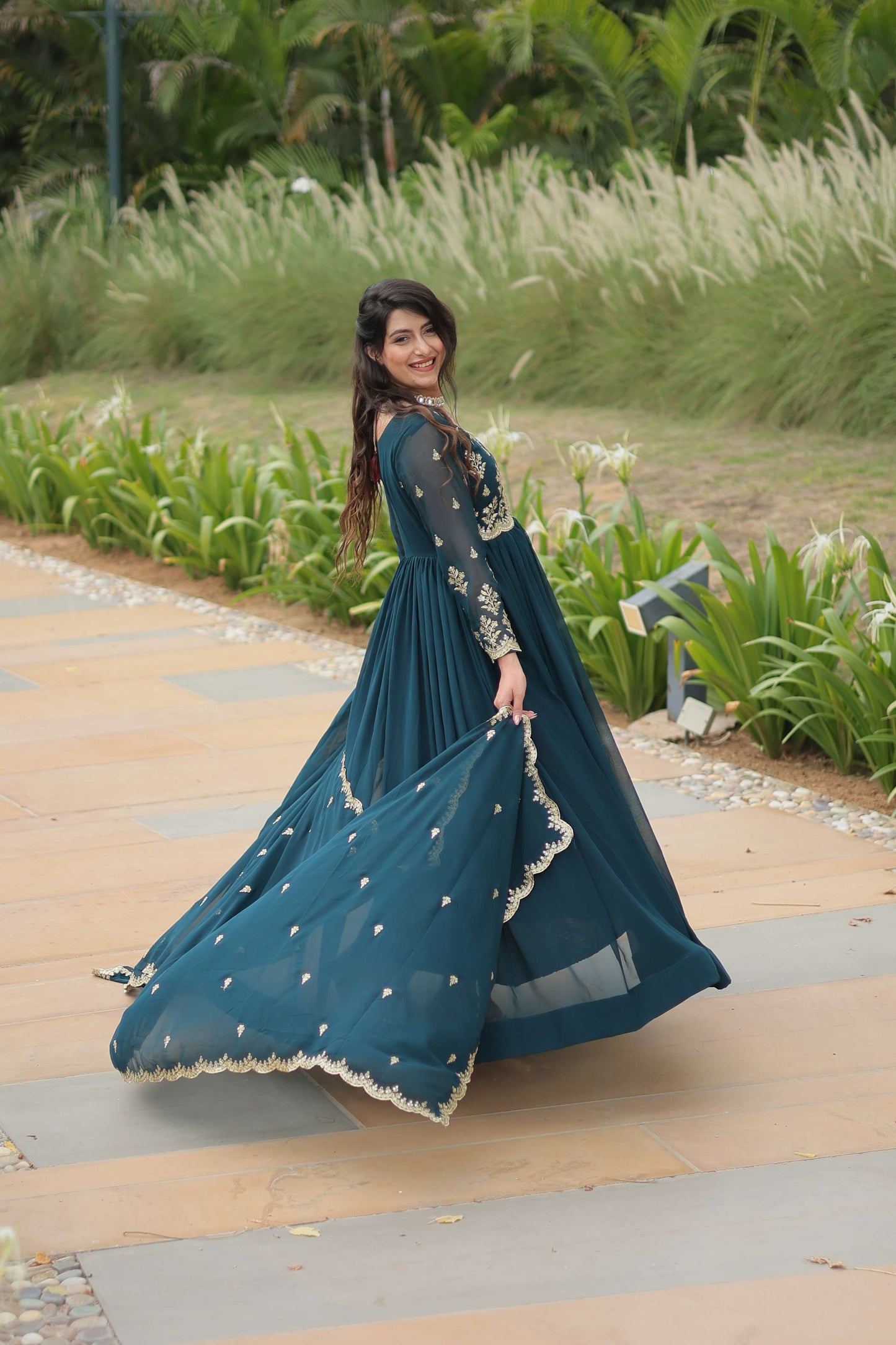 Teal-Blue Elegant Kutchi Gamthi Work Reyon Gown with Heavy Flair