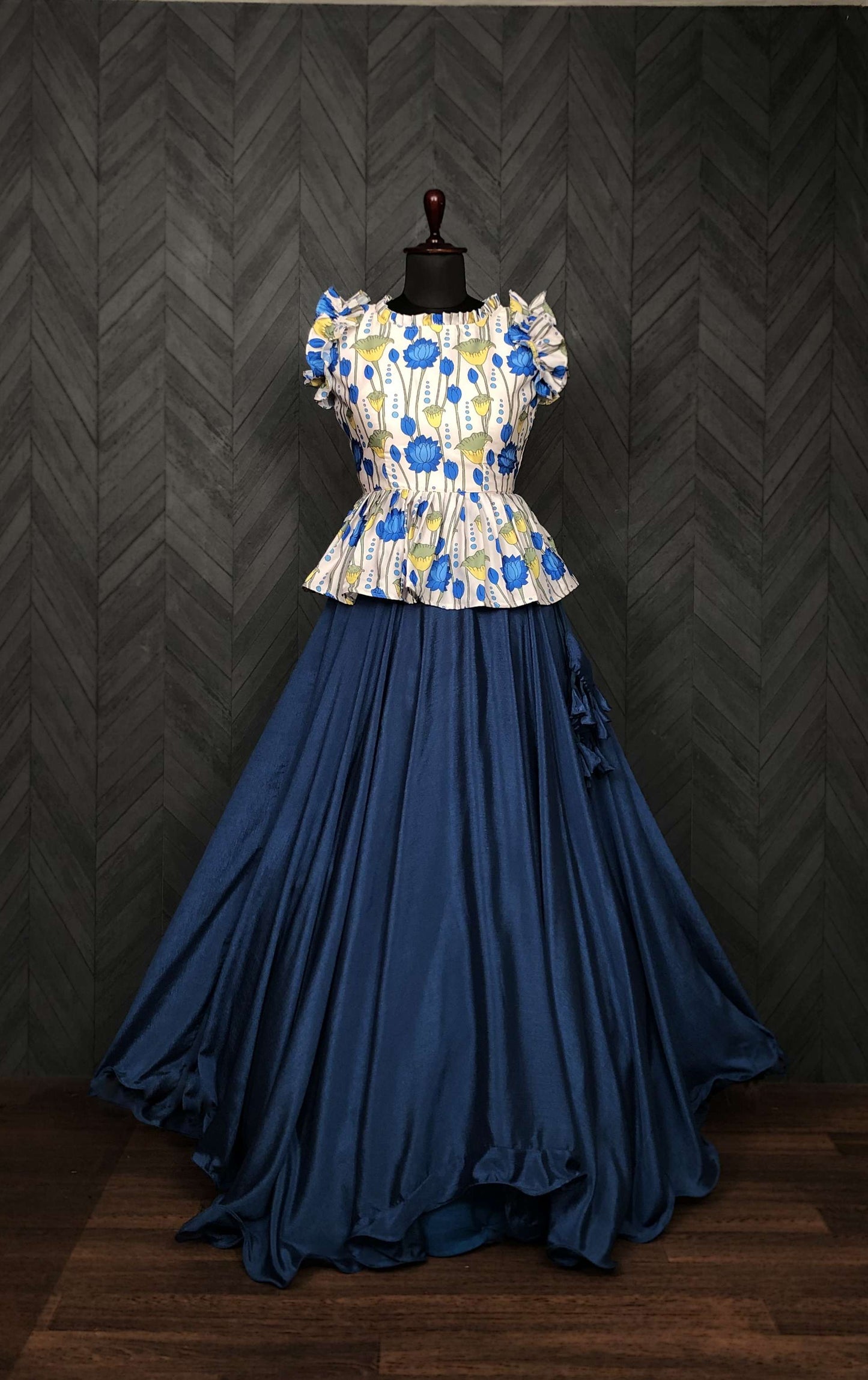 Premium Chinnon Lehenga with Kalamkari Print Maslin Satin Peplum Blouse