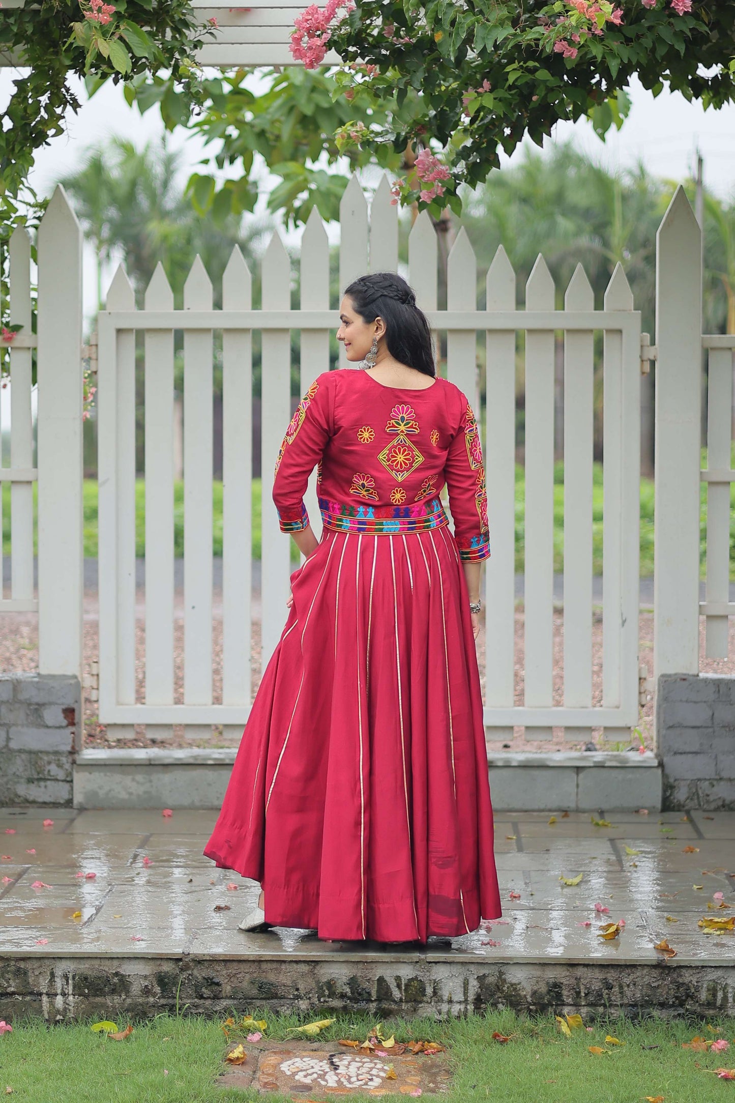 Vibrant Roman Fabric Navratri Lehenga Choli Set with Koti Blouse