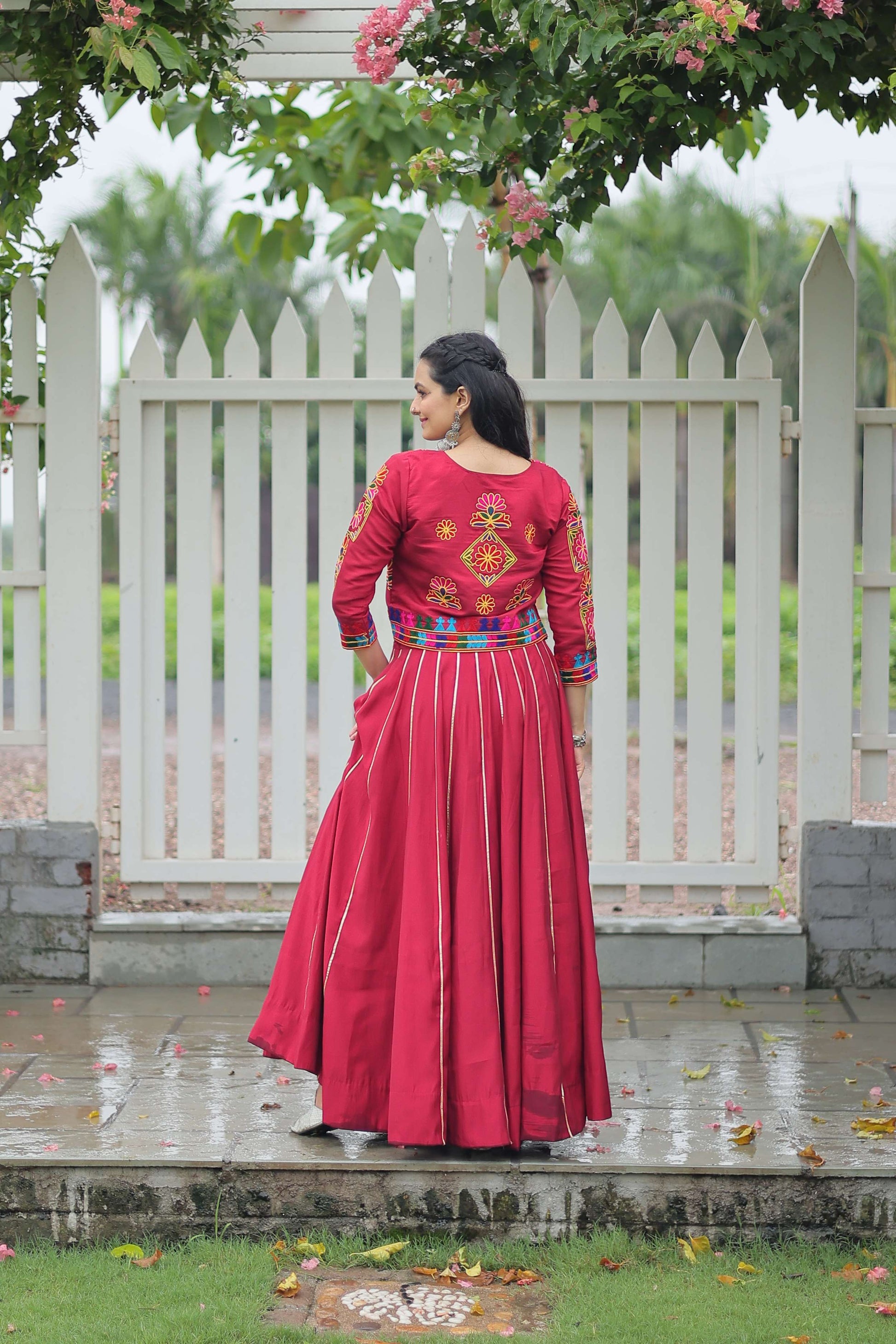 Vibrant Roman Fabric Navratri Lehenga Choli Set with Koti Blouse