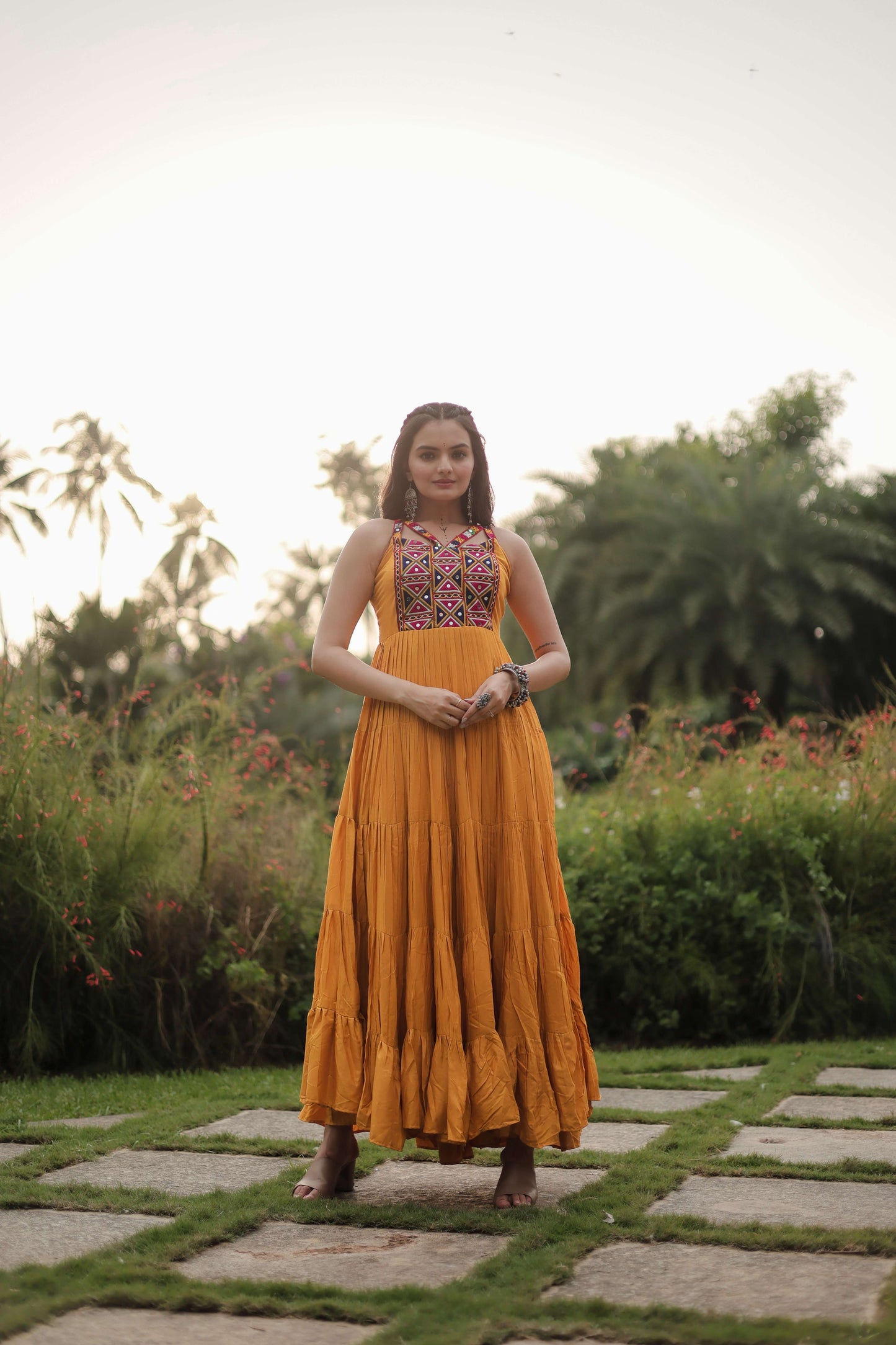 Yellow Navratri Reyon Gown with Kutchi Gamthi Work  Fully Flared Designer Dress