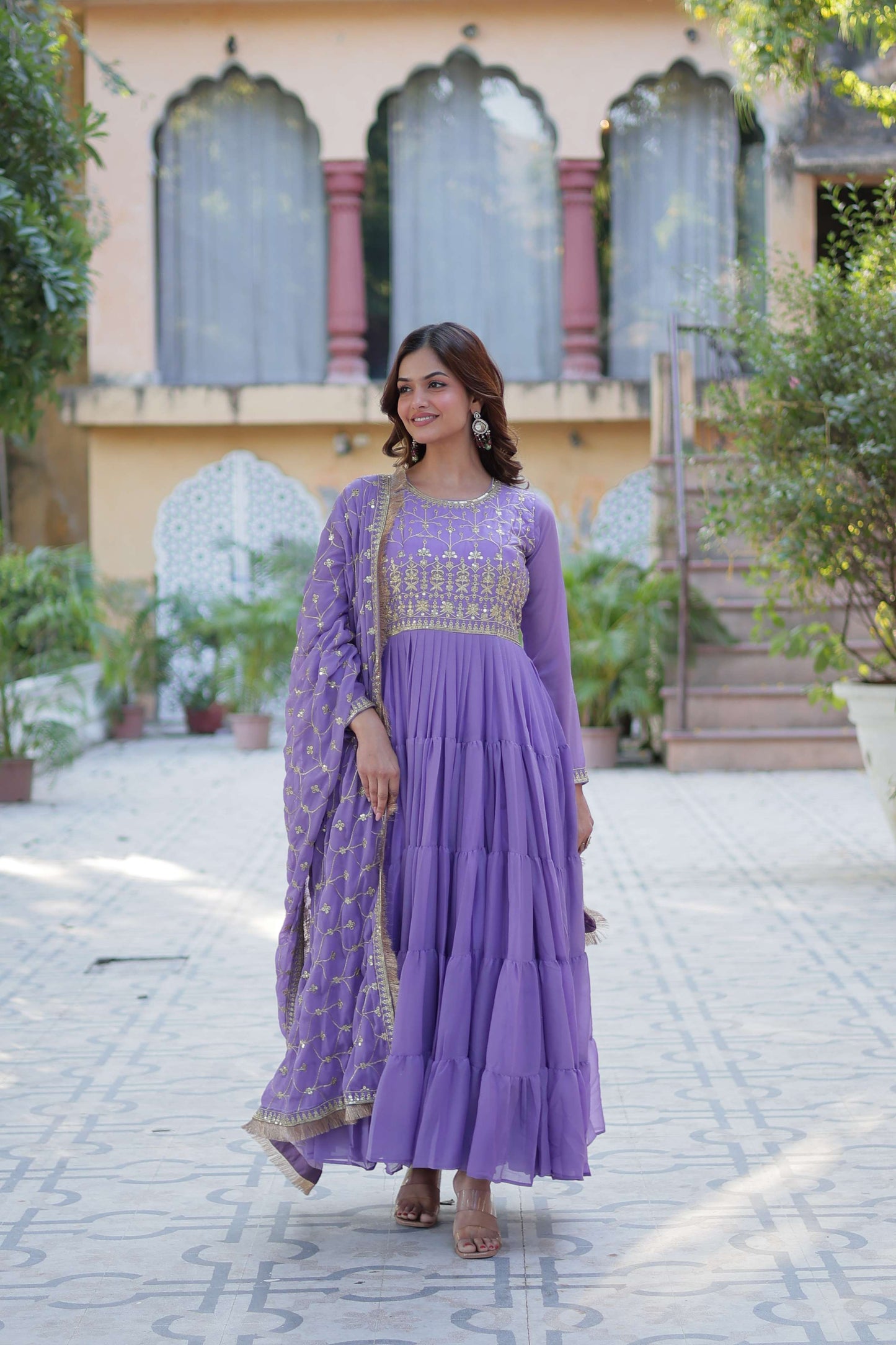 Purple Star Georgette Fully Flared Gown with Sequins Embroidered Dupatta & Lace Border