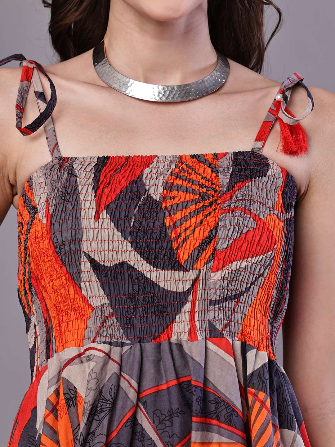 Women's Rust & Grey Abstract Print Cotton Handkerchief Hem Dress Midi Dresses
