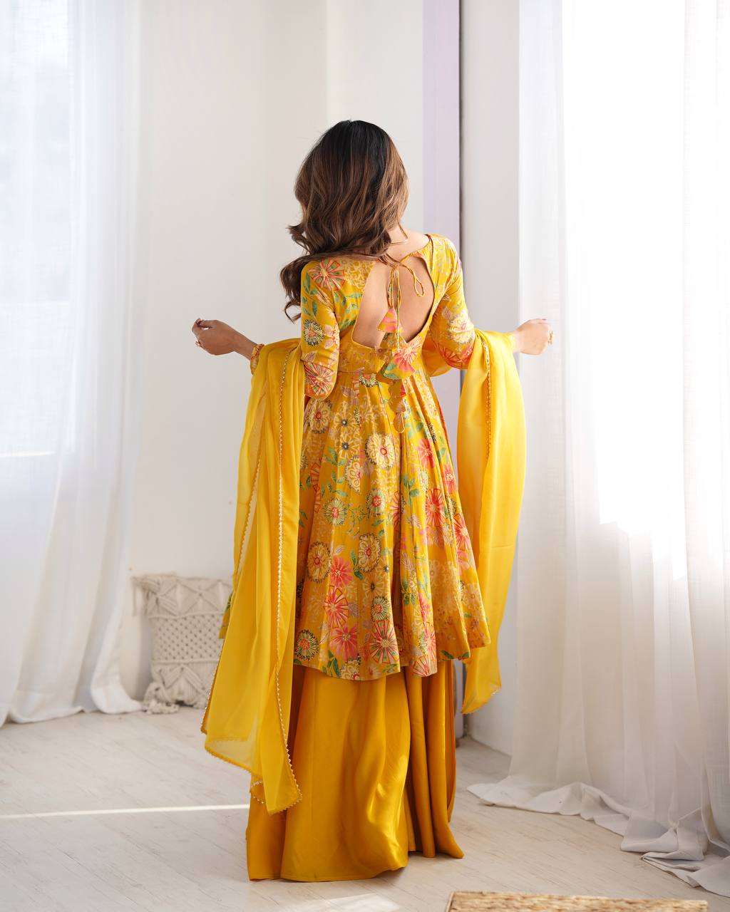 Women's Pure Romansilk Chanderi Printed Anarkali Kurti With Palazzo & Dupatta Set