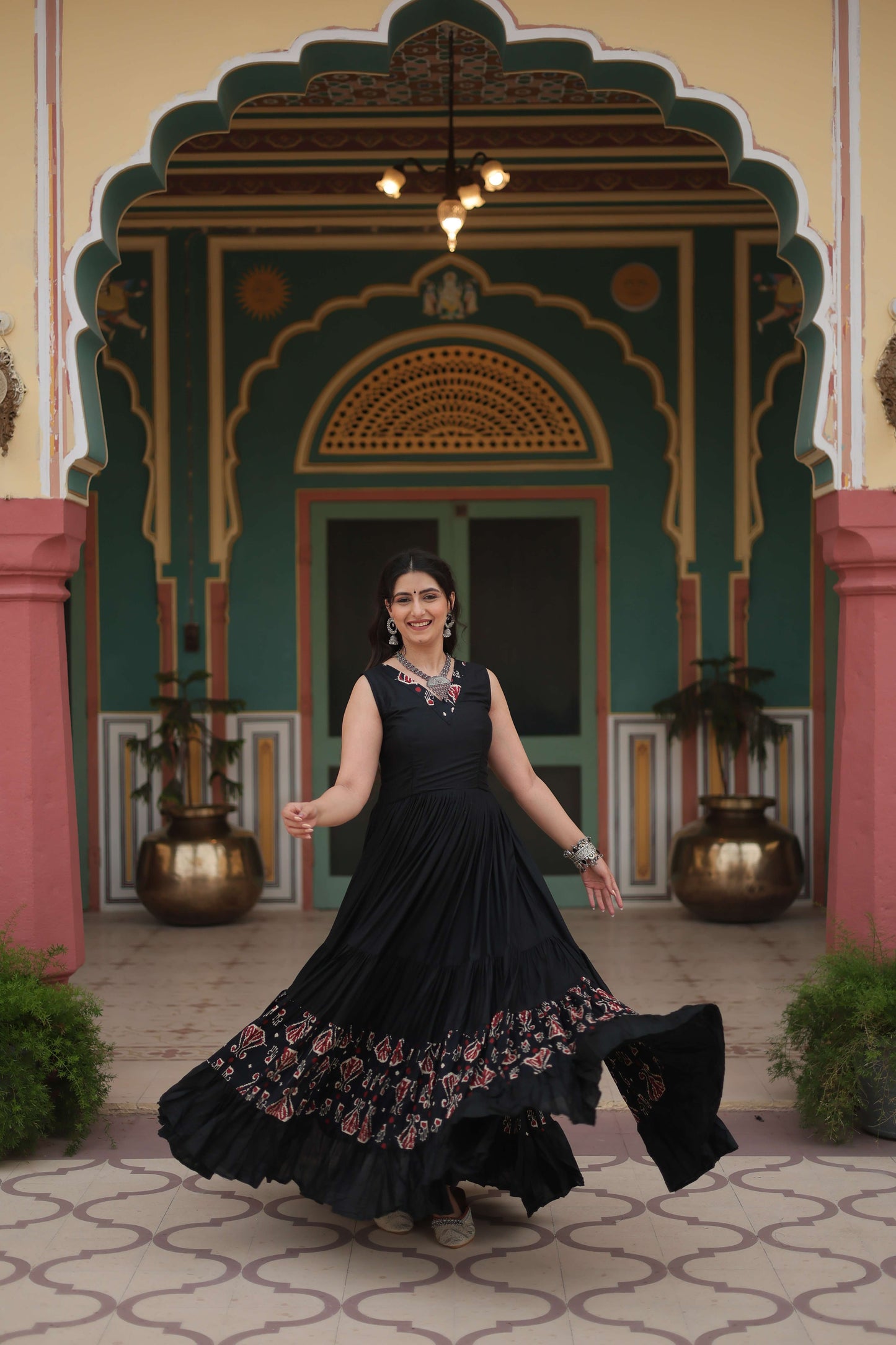 Black Designer Heavy Reyon Gown with Printed Frill & Fancy V-Neck