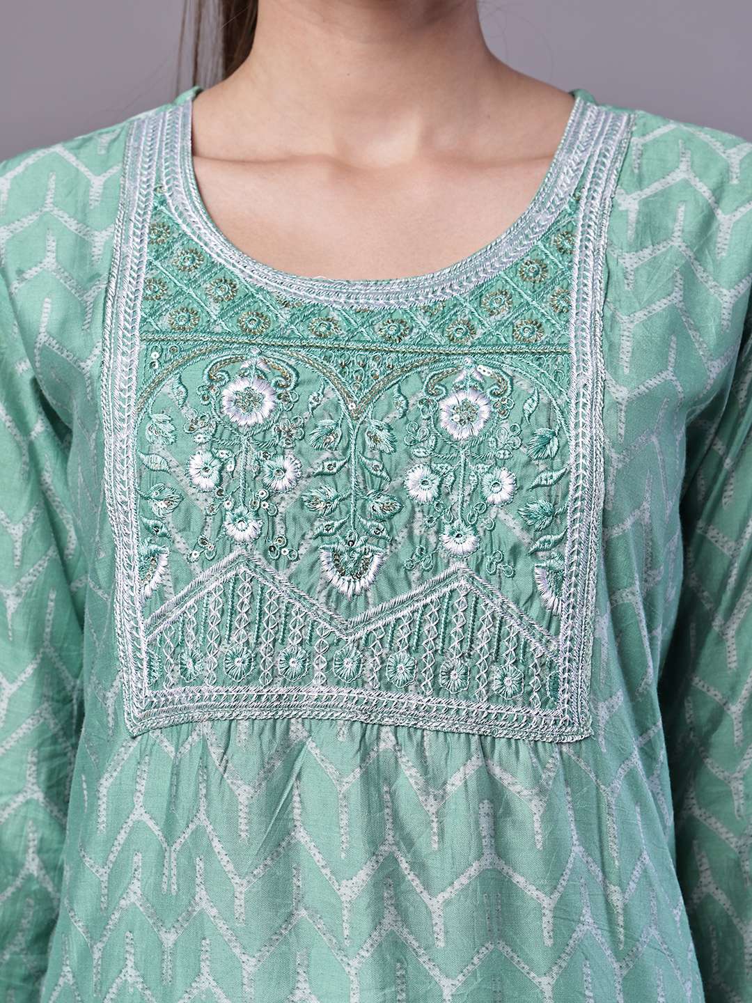 Women's Mint Green Chanderi Embroidered Kurta Set with Dupatta Suit Sets